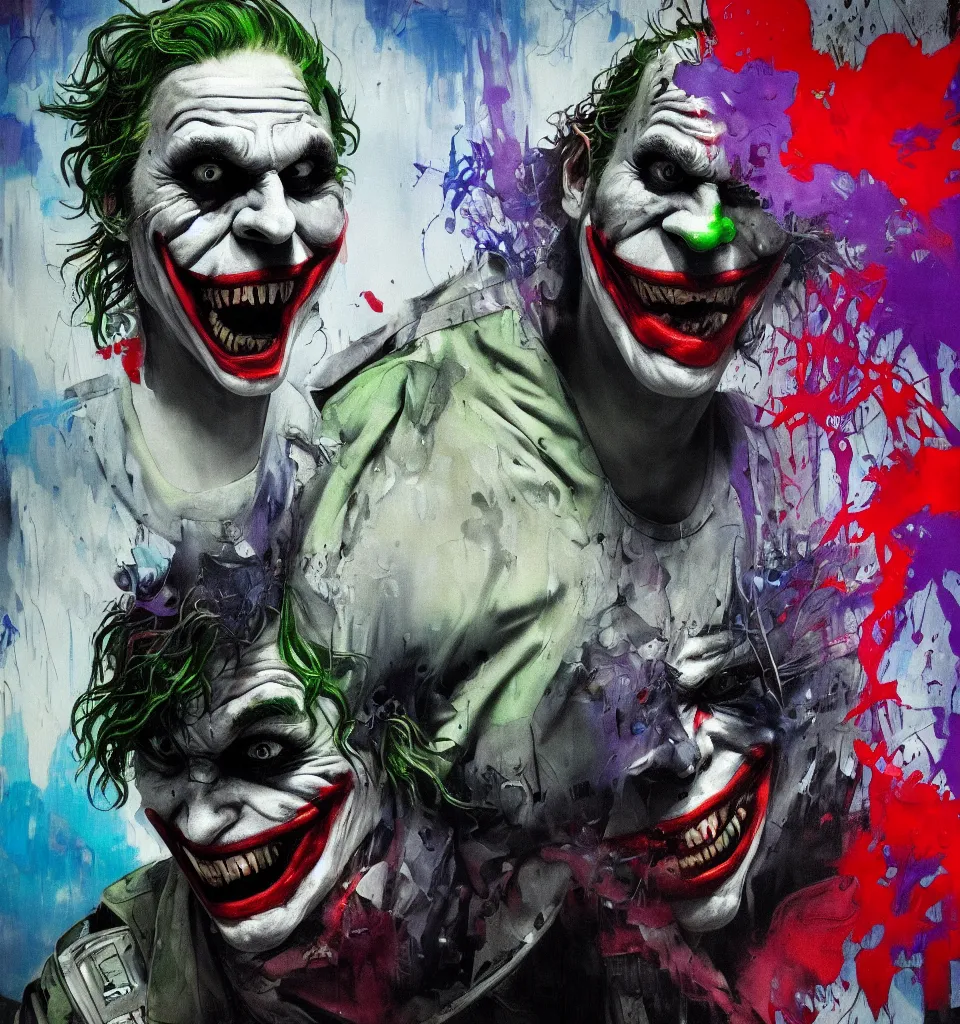 Prompt: abstract portrait of the joker 2 0 1 9 in gears of war, city in background, beautiful abstract the joker 2 0 1 9, rule of thirds, face symmetry, colorful spray paint splash, expressive, abstract art, by jeremy mann, by alphonse mucha, by monet, 4 k, 8 k, correct body proportions, cinematic style, female shape shading