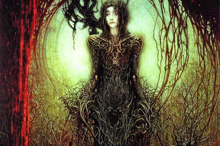 Prompt: young cute alyson hannigan knight in enchanted lovecraftian garden by jean delville, luis royo, beksinski, grimshaw