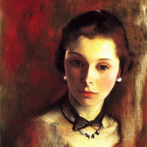 Image similar to a closeup portrait of a young vivian leigh, dramatic light, painted in oil by edgar degas, masterpiece