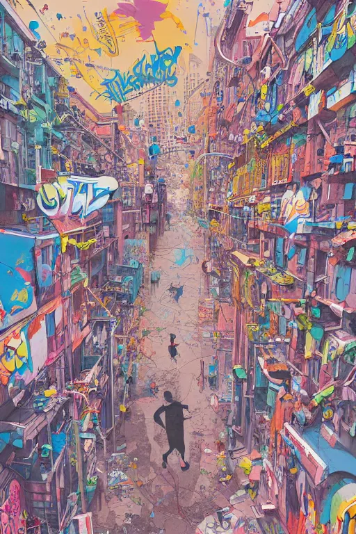 Image similar to people walking in a city covered with graffiti paint dripping down to the floor from the sky, professional illustration by james jean, painterly, yoshitaka Amano, hiroshi yoshida, moebius, loish, painterly, and artgerm, illustration