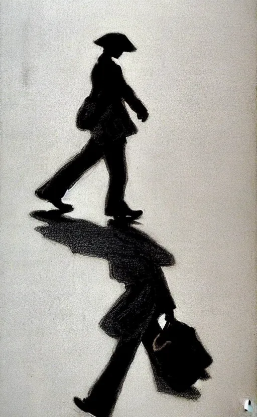 Prompt: symmetry!! black and white silhouette drawing of a person walking, white background by stanhope forbes