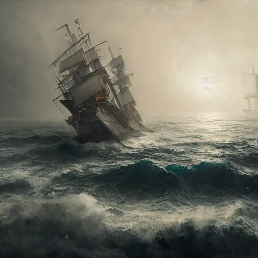 Prompt: a portrait of an pirate ship shooting other ship in the foggy sea, Matte painting , detailed painting, made by Greg Rutkowski, 4k, atmospheric
