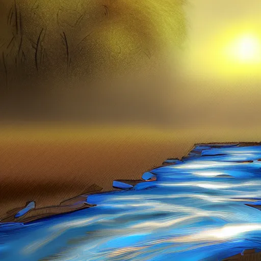 Image similar to digital art painting of a river running through the plains, very mediocre, not detailed at all.