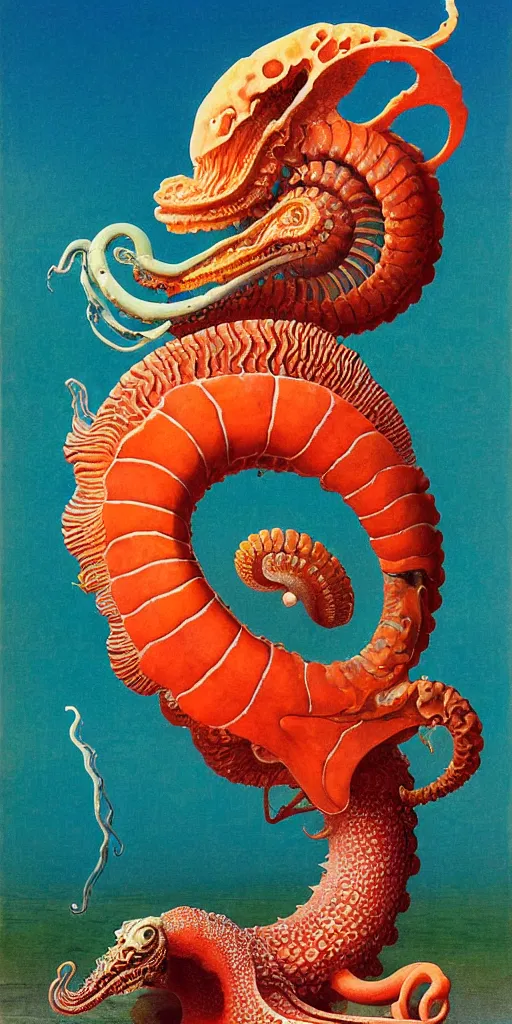 Image similar to portrait of the ammonite skeksis supermodel clad in coral armor biting into a juicy squid, by kawase hasui, dorothea tanning, moebius, edward hopper and james gilleard, aivazovsky, zdzislaw beksinski, steven outram colorful flat surreal design