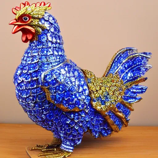 Prompt: beautiful, glorious crystallized gold sculpture chicken emperor, blue and silver colors, intricate details, realistic, reflective 3 d rtx hd