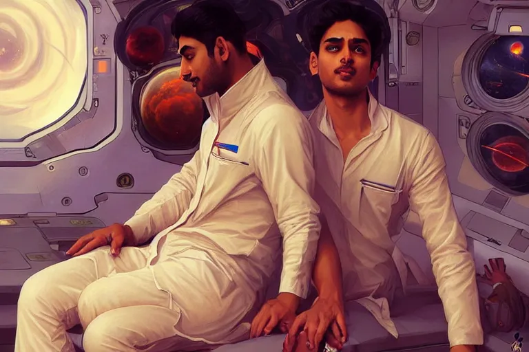 Image similar to Sensuous good looking pale young Indian doctors wearing jeans in a space station above Earth, portrait, elegant, intricate, digital painting, artstation, concept art, smooth, sharp focus, illustration, art by artgerm and greg rutkowski and alphonse mucha