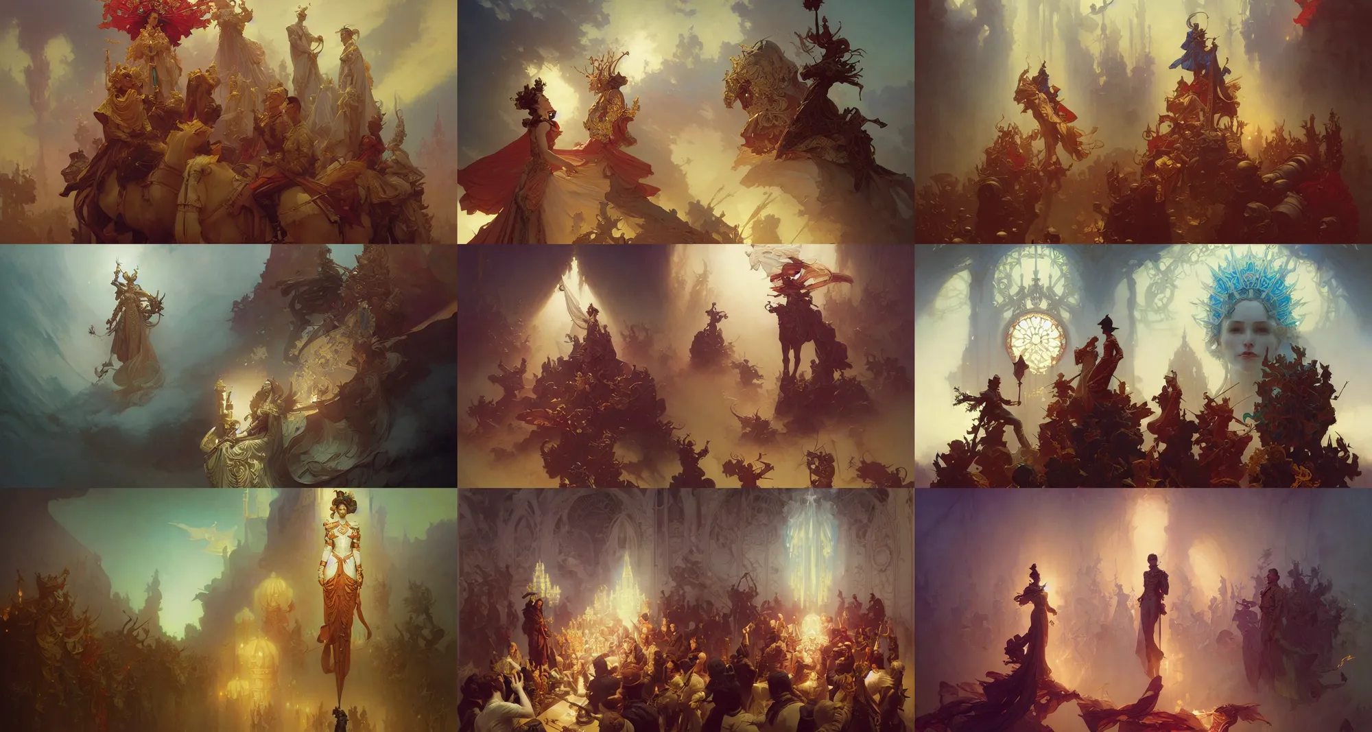 Prompt: coronation, art by joseph leyendecker, peter mohrbacher, ivan aivazovsky, ruan jia, reza afshar, marc simonetti, alphonse mucha