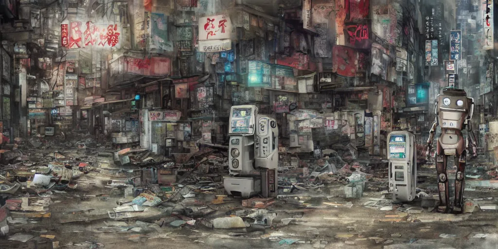 Image similar to broken robot lying deserted shinjuku junk town, watercolor, ghost in the shell, soft bloom lighting, paper texture, bright sun bleached ground, vending machine, robot lurks in the background, koji morimoto, katsuya terada, genius party, animatronic, black smoke, pale, beige sky pencil marks, hd, 4k, remaster, dynamic camera angle, fish eye, dynamic scene