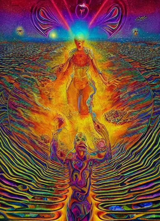 Image similar to incredible ultra dimensional psychedelic experience time, while tripping on dmt, energy waves, trippy melting eyes, overwhelming psychosis of self - realization and burning awakening, masterpiece composition, by barclay shaw, louis dyer, pablo amaringo