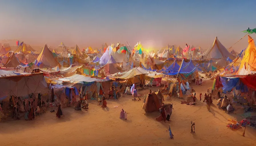 Prompt: The concept art design depicts a tent bazaar in a Middle Eastern desert region. Soft colored canvases make up the tents. The tents are interspersed with colorful streamers. by greg rutkowski and Greg Hildebrandt .4k high detail.Epic Light . artstation