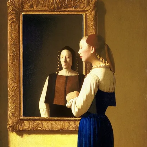 Image similar to cate blanchett in low-cut blouse in front of a mirror, painting by Vermeer