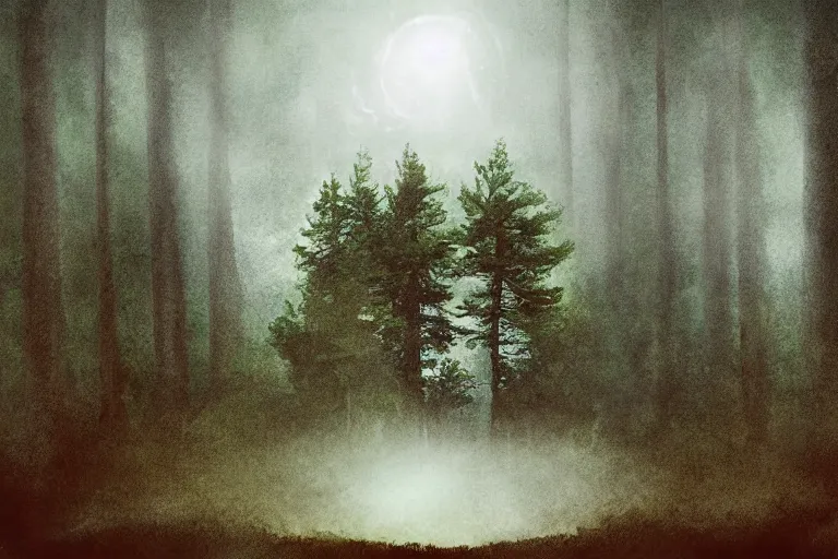Image similar to mysterious floating island in the clouds above a forest, foggy, digital painting