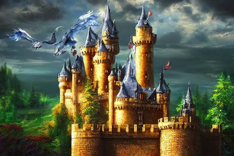 Image similar to castle, fantasy, painting, chrome, reflect, ultra realistic!!!, clear weather, golden hour, sharp focus