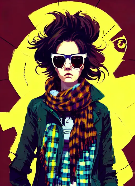 Prompt: highly detailed portrait of a sewer ( ( emo punk ) ) lady student, sunglasses, blue eyes, tartan scarf, curly hair by atey ghailan, by greg rutkowski, by greg tocchini, by james gilleard, by joe fenton, by kaethe butcher, gradient yellow, black, brown and magenta color scheme, grunge aesthetic!!! graffiti tag wall background