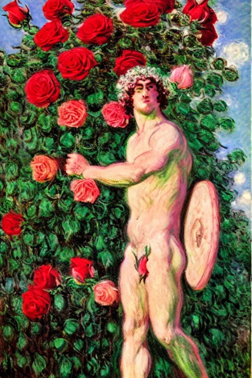 Prompt: the greek god hermes marched forward among the roses, monet, musha, oil painting style, large beautiful pale pink roses and deep red roses