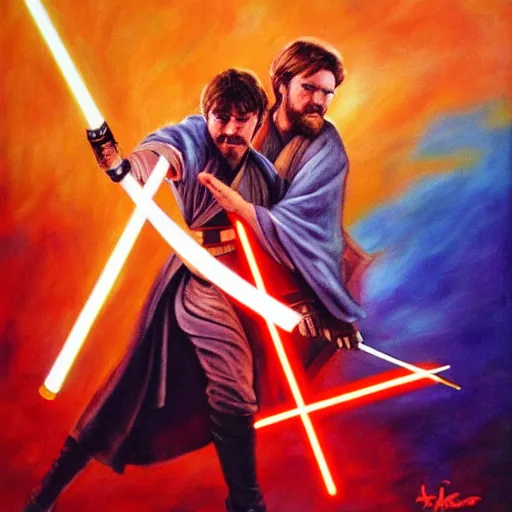 Image similar to a beautiful painting of anakin skywalker fighting obi - wan kenobi except anakin has the high ground. 4 k, epic, ultra realistic, colourful, lava, dark clouds, dramatic,