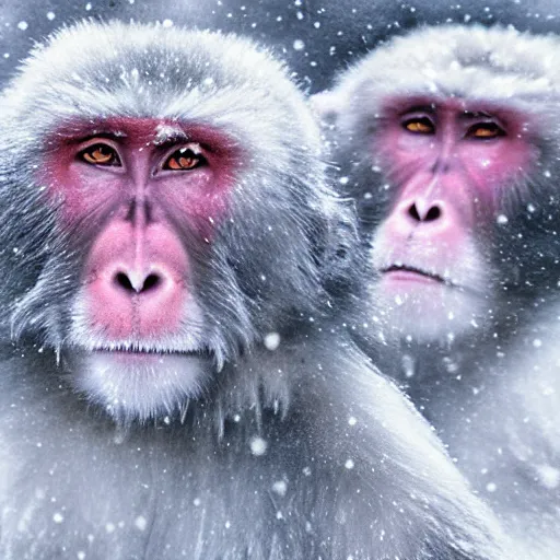 Prompt: portrait of snow monkeys, highly detailed, snow flurry, cold, steamy, desaturated, ultrarealistic, 8K, UE5, watercolor (dry brush)