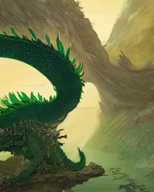Image similar to a giant green dragon, digital art, illustrated by james gurney and victo ngai