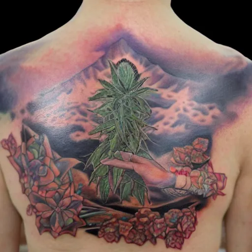 Image similar to an ultra realistic 8 k hdr photo of an award winning healed color tattoo of a hemp bud on a girls chest in japanese style