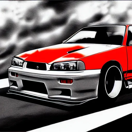 Prompt: nissan gt r 3 4 initial d, anime art