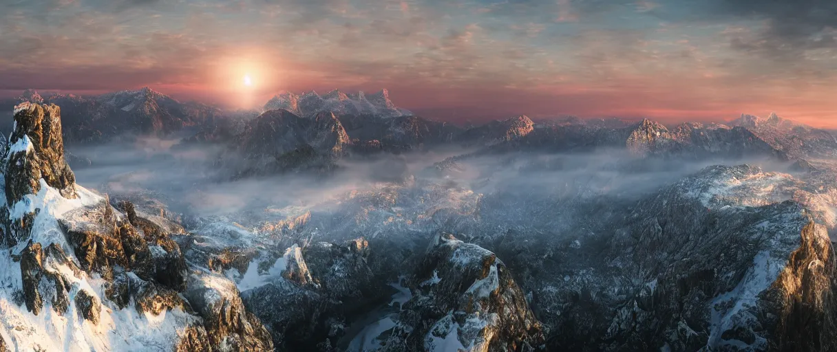 Image similar to a photorealistic breathtaking aerial view of the eastern snow covered alps mountain range at sunrise, cliffs, volumetric light, haze, fog, snow, hyperrealism, rock edge, highly detailed, intricate, cinematic, front facing camera, cinematic, epic lighting, 8 k by frederic church, albert bierstadt