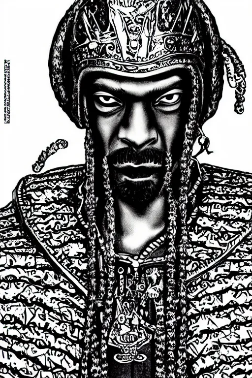 Image similar to Snoop Dogg as a knight, highly detailed, black and white, manga, art by Kentaro Miura