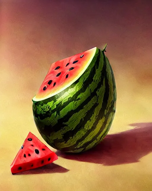 Prompt: an giant watermelon with small wings, winged watermelon, highly detailed, digital painting, artstation, concept art, smooth, sharp focus, illustration, art by artgerm and greg rutkowski and alphonse mucha