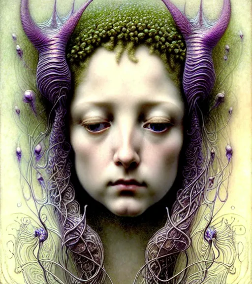 Image similar to beautiful young orchid fairy detailed realistic porcelain face portrait by jean delville, gustave dore, iris van herpen and marco mazzoni, art forms of nature by ernst haeckel, art nouveau, symbolist, visionary, gothic, neo - gothic, pre - raphaelite, fractal lace, intricate alien botanical biodiversity, surreality, hyperdetailed ultrasharp octane render