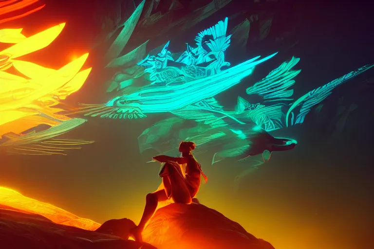 Image similar to wide ((wide)) photo of beautiful Jesse Faden (((dynamic neon lighting)) in solar temple with glowing birds, elegant, highly detailed, sharp focus, illustration, beautiful, geometric, trending on artstation, battlefield, cinematic, artwork by Tran, Ross and Aivazovsky, Ivan