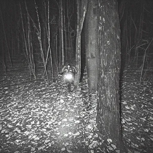 Image similar to grainy trail cam photo still of an alien in the woods at night hiding in the trees of a forest