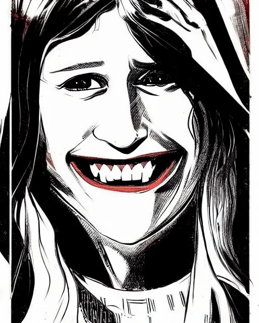 Prompt: in the style of Rafael Albuquerque comicbook art, beautiful vampire Taissa Farmiga, sharp vampire teeth, sarcastic smile showing teeth, symmetrical eyes, realistic face, symmetrical face, brown leather jacket, jeans, long black hair, full body