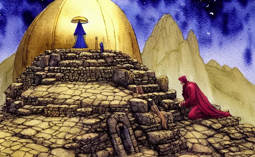 Image similar to a realistic and atmospheric watercolor fantasy concept art of a golden ufo landing on top of machu pichu. in the foreground a female medieval monk in grey robes is kneeling with her hands by her sides. by rebecca guay, michael kaluta, charles vess and jean moebius giraud