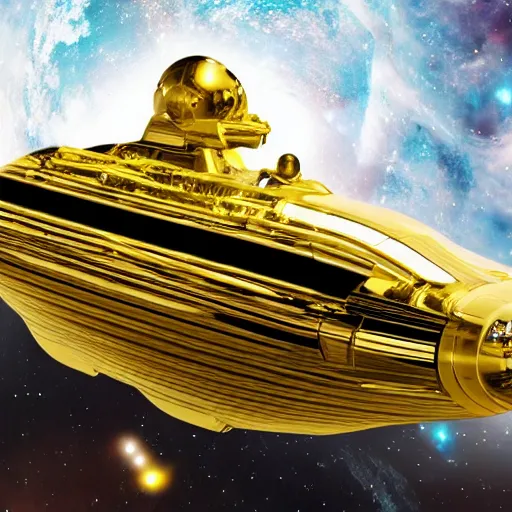 Prompt: Giant golden space cruiser in space