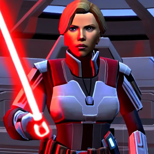 Prompt: video game screenshot of Scarlett Johansson in Star Wars the Old Republic