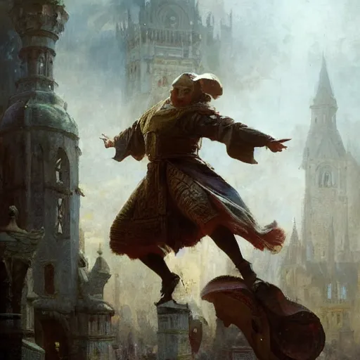 Image similar to an elated medieval chancellor, dancing a jig, character portrait by greg rutkowski, gaston bussiere, craig mullins