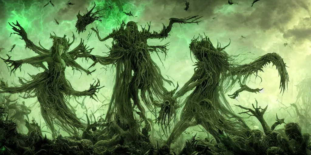 Image similar to A hauntedly beautiful yet grotesque wraith of pestilence and disease glowing with green ethereal light, with arms outstretched she hovers atop a hoard of swarming undead rats, high quality, hyperdetailed, fantasy,