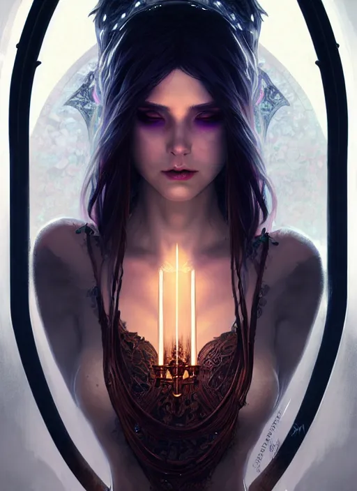 Image similar to Necromancer Sorceress, fantasy magic, undercut hairstyle, dark light night, intricate, elegant, sharp focus, illustration, highly detailed, digital painting, concept art, matte, art by WLOP and Artgerm and Greg Rutkowski and Alphonse Mucha, masterpiece