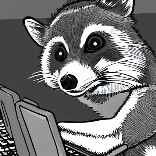 Prompt: a confused raccoon attempting to program a computer. digital art illustration.