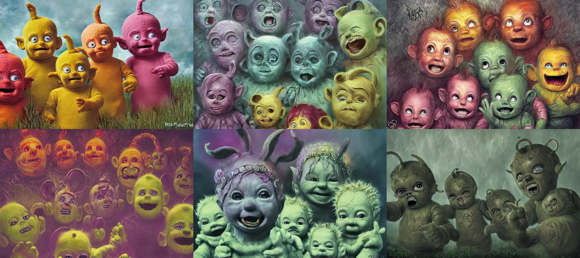 Prompt: highly detailed elden ring portrait photo full shot of the teletubbies who torments the souls of the damned in hell, hyperrealistic illustration by william didier - pouget