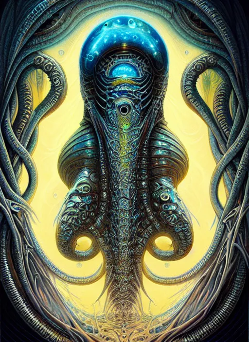 Image similar to cosmic lovecraft giger fractal random fish portrait, pixar style, by tristan eaton stanley artgerm and tom bagshaw.