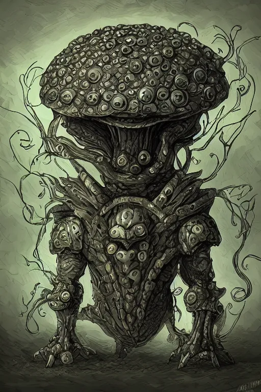 Prompt: armoured warrior mushroom monster, symmetrical, highly detailed, digital art, sharp focus, trending on art station, amber, kentaro miura art style