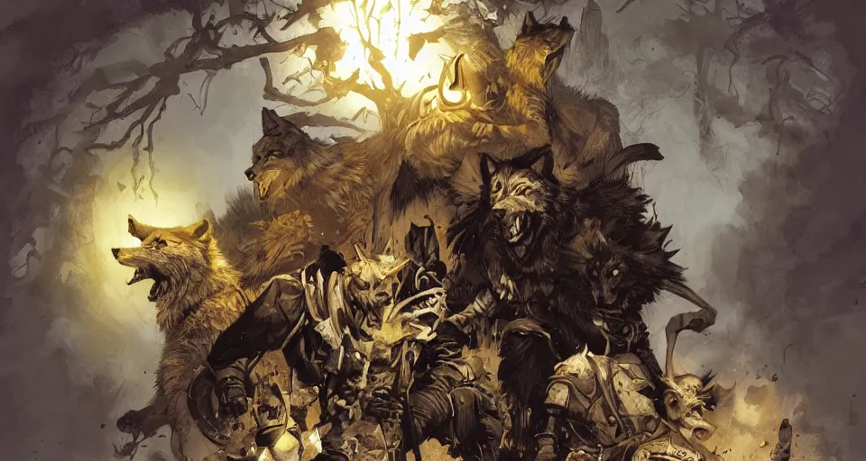 Prompt: WOLVES AND THEIR TREASURES. By Travis Charest, James Gurney, and Ashley Wood. dramatic lighting. Magic the gathering. digital painting.