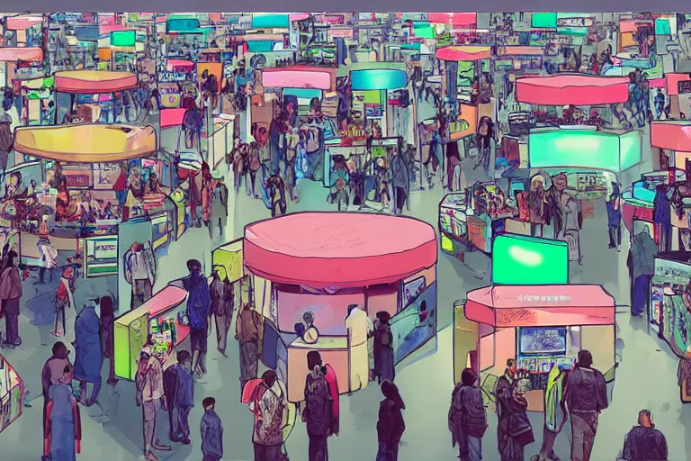 Image similar to people visiting crypto art market in the future, rennaisance, people, gallery, cable, akira, bright colors, concept art