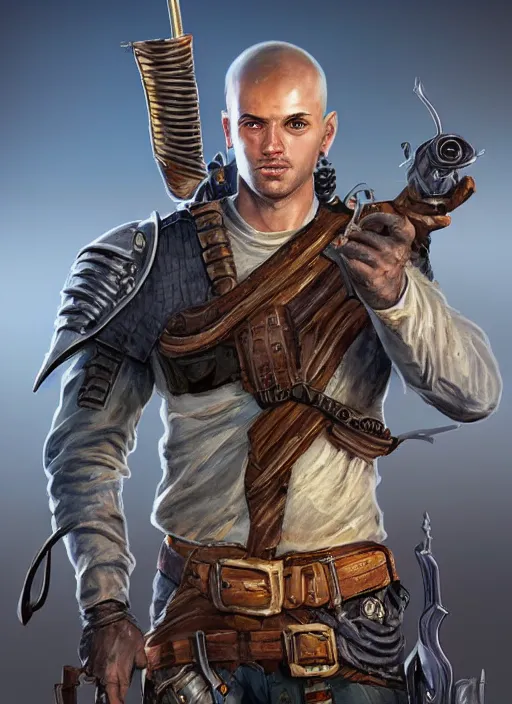 Image similar to buzzcut hair stubble male gunslinger shooter, dndbeyond, bright, realistic, dnd character portrait, full body, art by ralph horsley, dnd, rpg, lotr game design fanart by concept art, behance hd, artstation, deviantart, global illumination radiating a glowing aura global illumination ray tracing hdr render in unreal engine 5