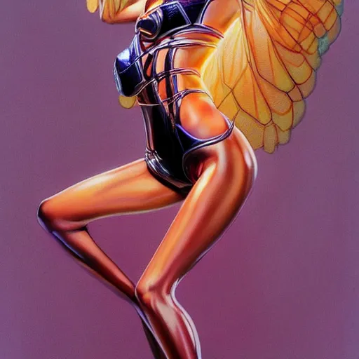 Prompt: an airbrush painting of a nice looking fly girl with beautiful forms, wearing large hip-hop clothes, by hajime sorayama and boris vallejo, trending on artstation, 4K