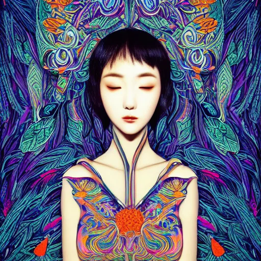 Image similar to the head of an incredibly beautiful and elegant korean woman partially made of carrots and blueberries looking up, an ultrafine detailed illustration by james jean, final fantasy, intricate linework, bright colors, behance contest winner, vanitas, angular, altermodern, unreal engine 5 highly rendered, global illumination, radiant light, detailed and intricate environment