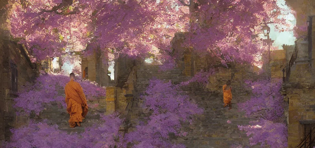 Image similar to A monk walks up stairs lined with cherry blossom trees and jacaranda trees, golden hour, by Craig Mullins, arstation, concept art