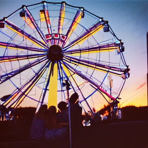 Image similar to nostalgic 8 0 s nikon photo of a young couple waiting in line by a ferris wheel, sunset, small town carnival in the midwest