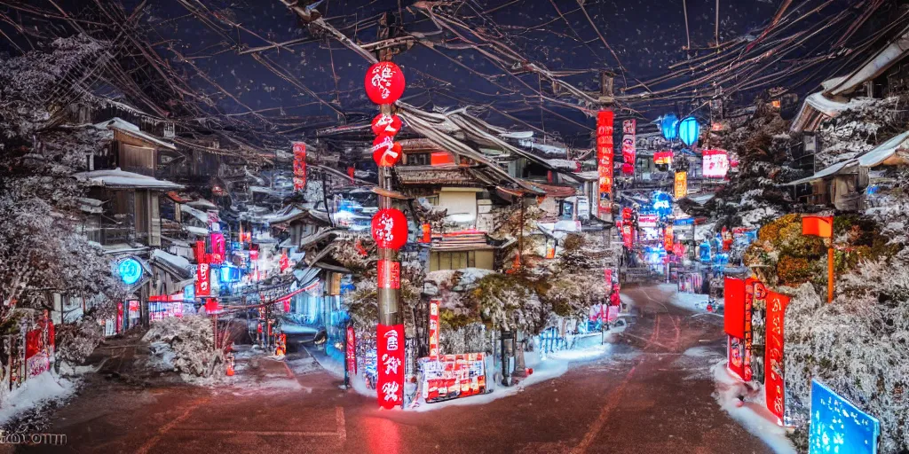 Image similar to a Japanese cyberpunk shrine, snowing, photograph,, sharp focus, intricate detail, drone shot, high resolution, 8k, neon streetlights, wires hanging down everywhere, Japan, colourful,,