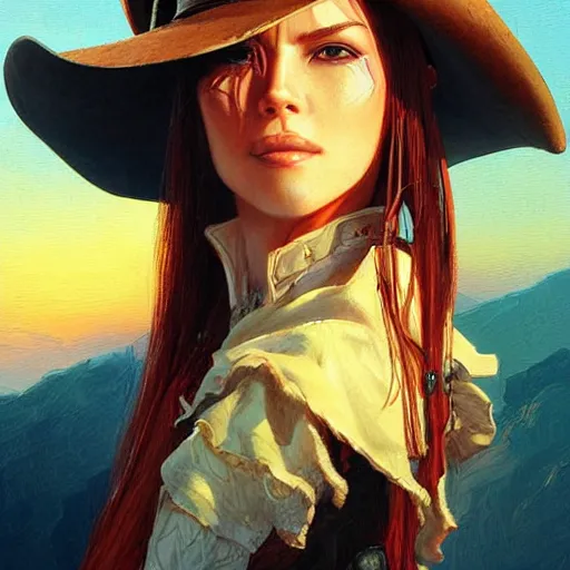 Prompt: portrait of a female cowboy, bounty hunter, western setting, sunset, highly detailed, sharp focus, illustration, digital painting, trending on pixiv fanbox, cinematic, art by rossdraws, by karol bak, by anna dittmann.